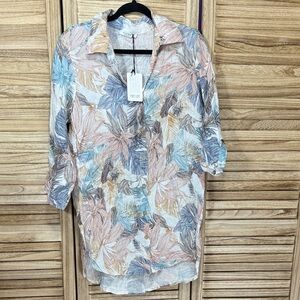 Rosemarine Floral Print Short Sleeve Button Women's Tunic Linen  Size Small NWT